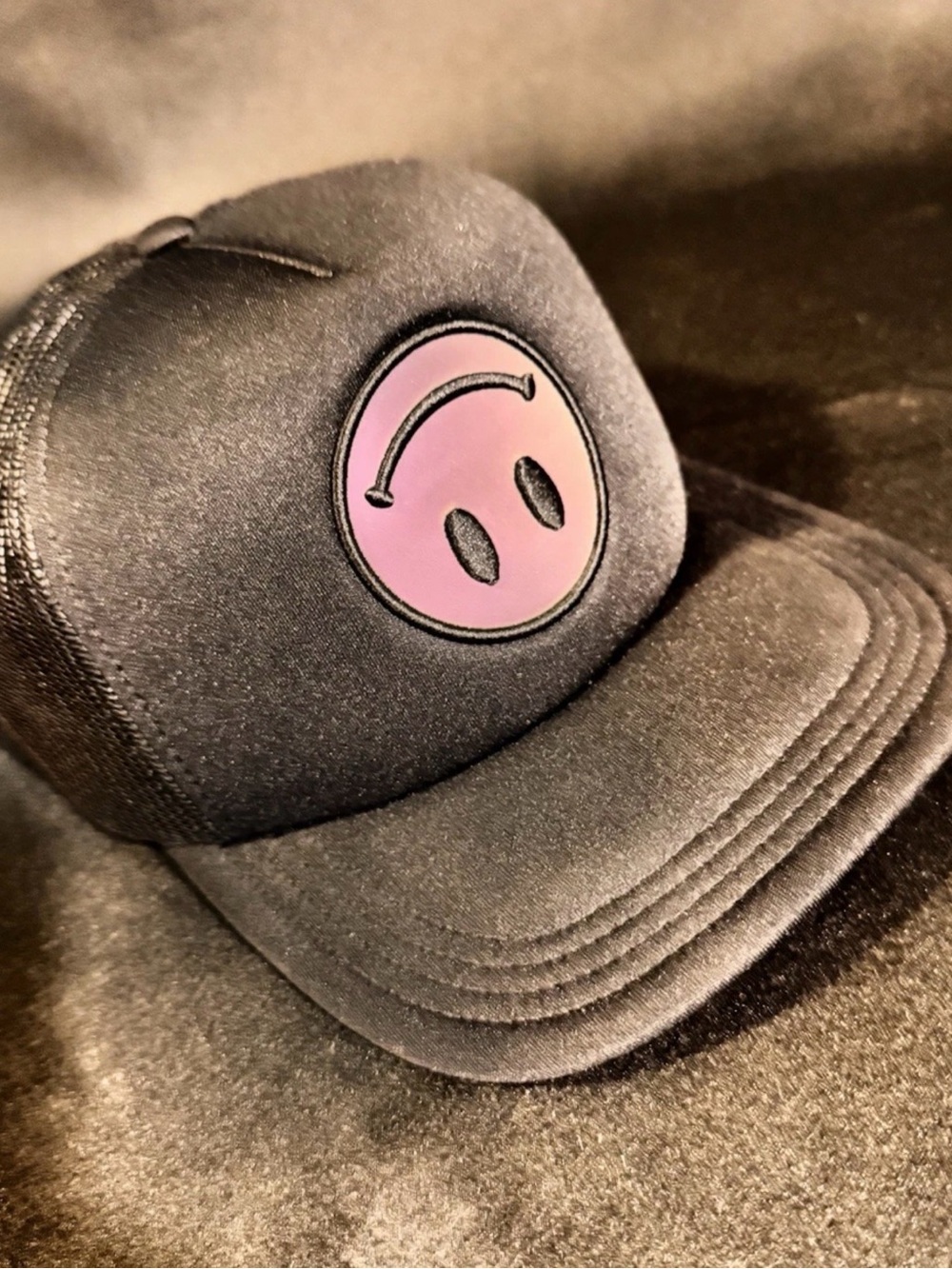 Black Mesh Trucker Hat Holographic Smiley Face Patch Snapback Color Shift Cap